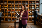 lady with confidence when choosing wine before the wine shelf in a shop