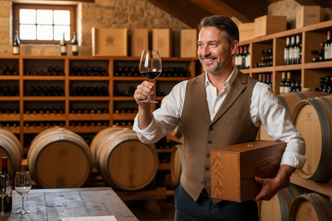 wine expert - friendly man who helpes around wine with a wine box and keeping wine glass to salute